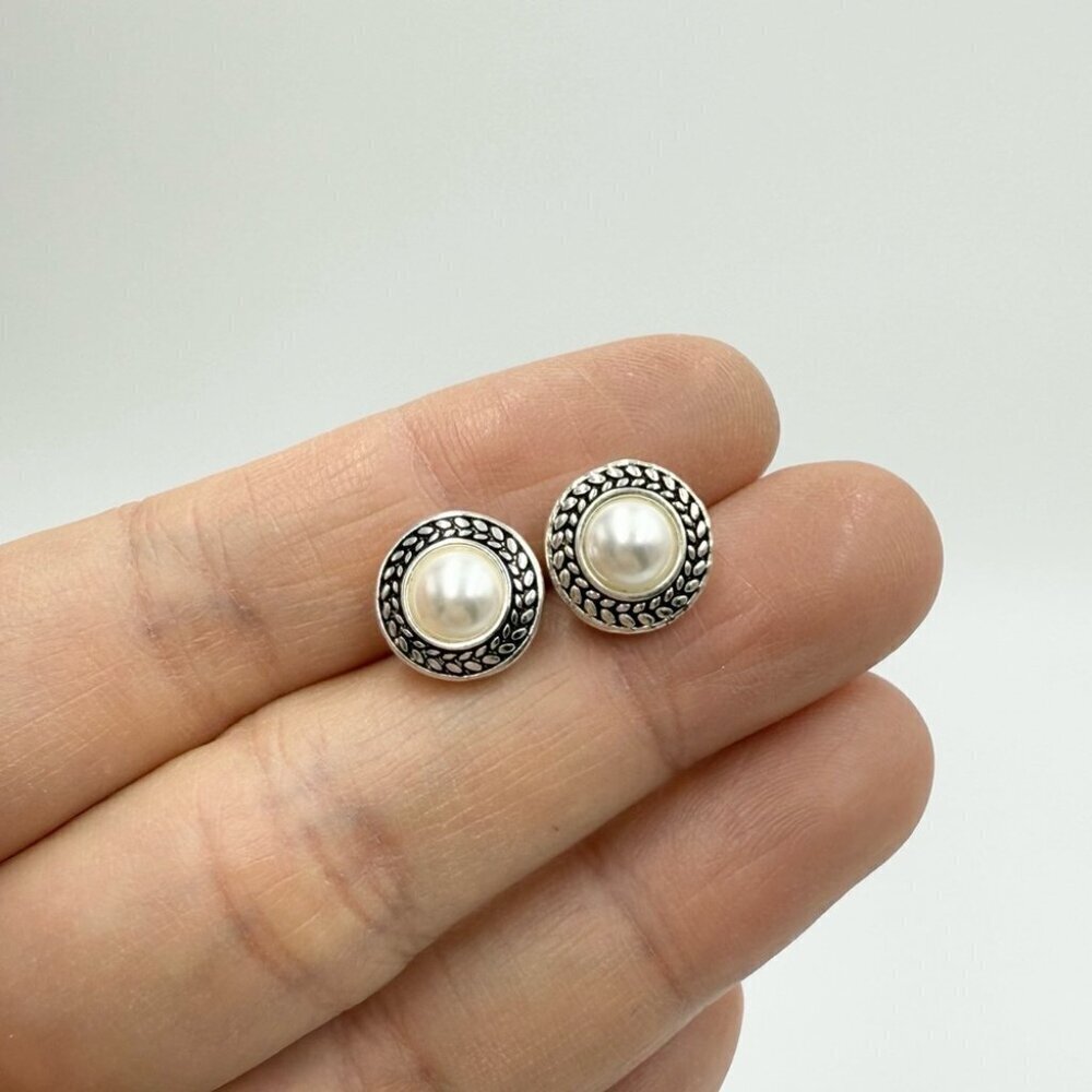 Napier White Faux Pearl Silver Tone Circular Stud Earrings